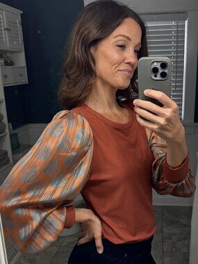 Unique Rust Palm Sleeve Top- Size M